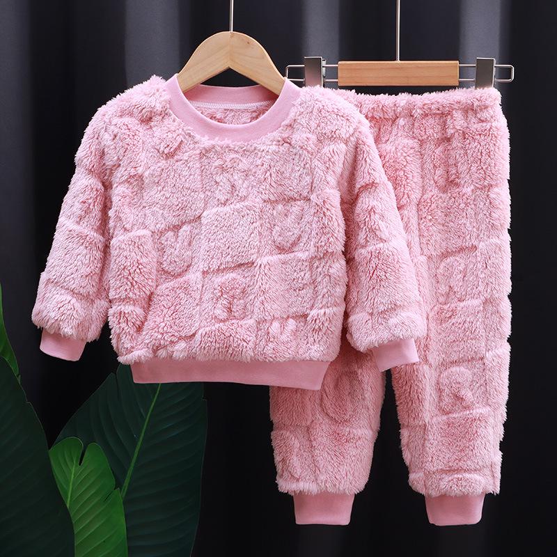 Children's Warm Flannel Pajamas Set - Thickened Jacquard Home Clothes for Boys & Girls in Solid Colors, Korean Style for Autumn/Winter.