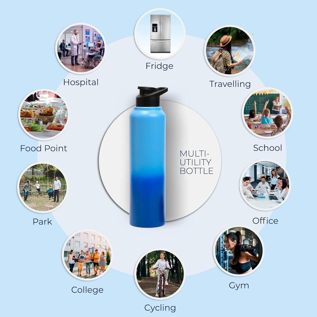 Stainless Steel Water Bottle 1 Ltr For Kids, Boys, Girls, 1 Litre Bottles for Gym,Fridge Use, School & Office (Sipper Cap - Set of 1, Blue Blue)