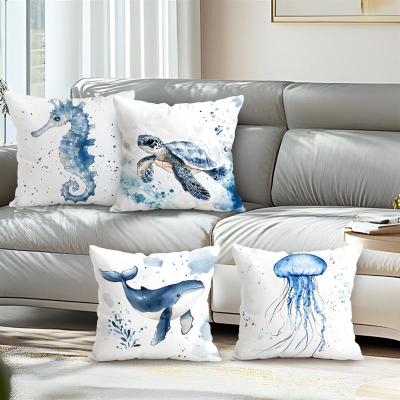 Marine Animals Watercolor Painting Throw Pillow Cover Comfortable Pillow Office Cover Living Room Home Decor Pillowcase