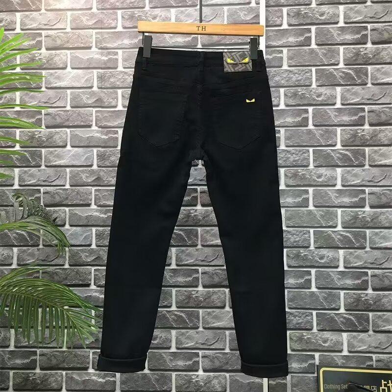 High-End 2024 Men's Designer Black Jeans: Slim-Fit, Printed, Versatile Trousers for Spring & Autumn.