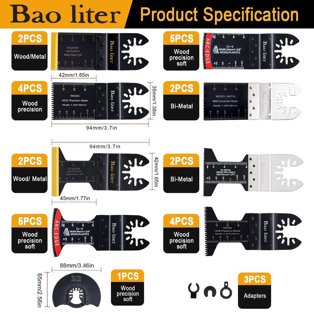30PCS Oscillating Saw Blades, Universal Titanium Multitool Blades for Wood Plastics Metal, Quick Release Multi Tool Kits Fit Bosch Ryobi Milwaukee
