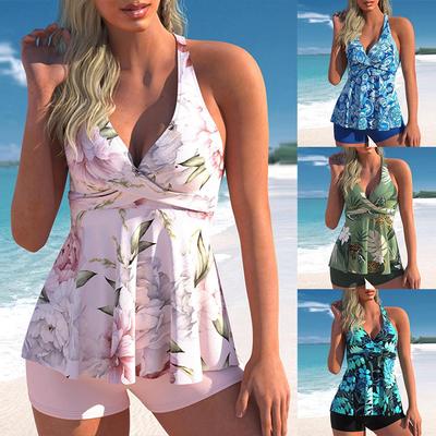 Plus Size Women Floral Tankini Tummy Control Swimwear Tank Top Retro Printed Swimsuit Two Piece Bathing Suit