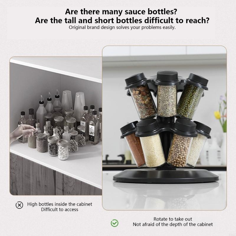 Rotating Black Mushroom Spice Organiser With 12 Glass Jars Removable Sifter Lids HX6C