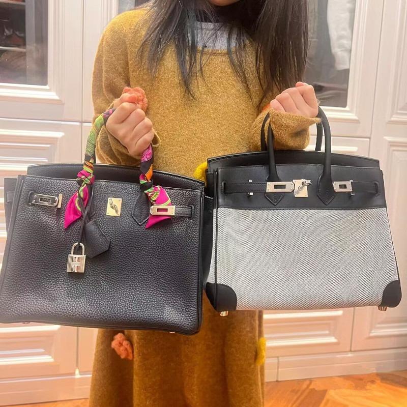 Fashion new platinum bag swift leather canvas splicing contrasting color portable shoulder messenger women's bag