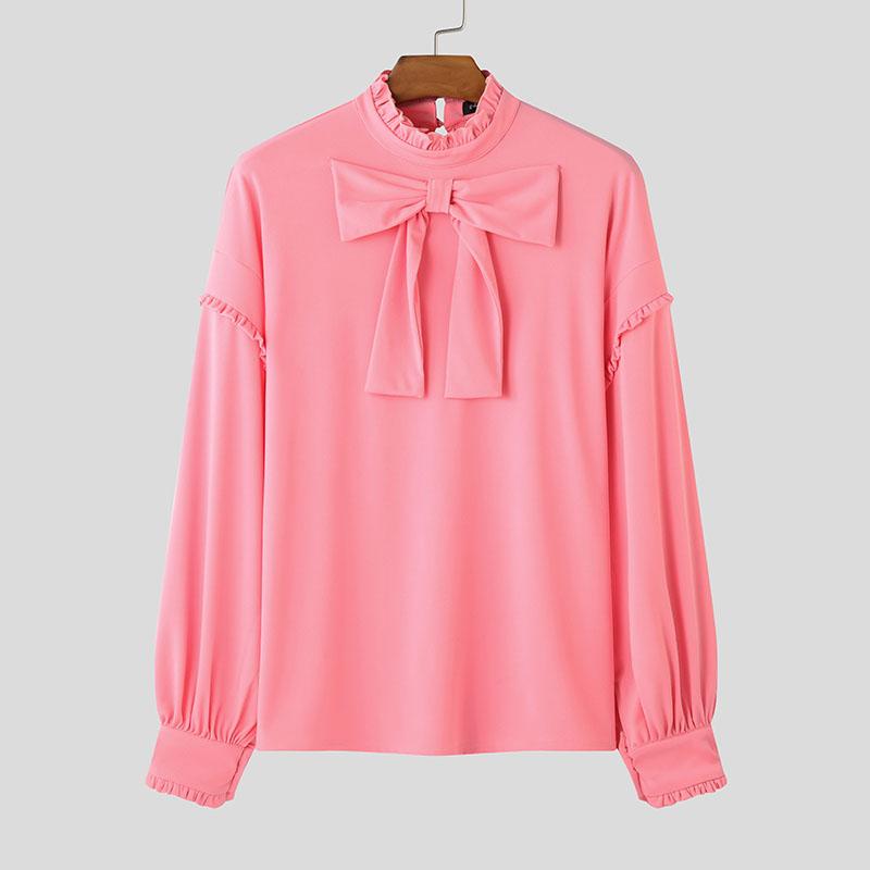 

INCERUN Мужские рубашки свободного покроя с воротником-стойкой и длинным рукавом с бантом S розовый