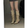 French Pointed High-heeled Pleated Long Boots Women's Autumn and Winter Wear Spice Girl Belt Buckle Knee Knight Boots