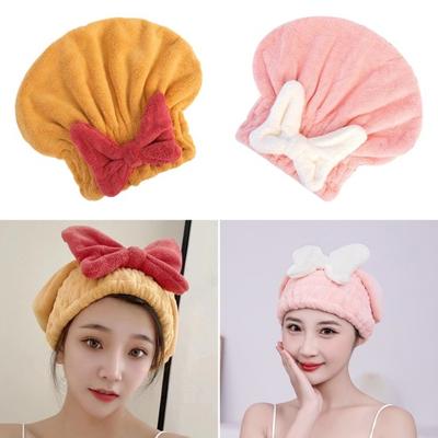 Quick Dry Hair Towel for Women Girls Cute Bowknot Soft Absorbent Coral Fleece Elastic Drying Hair Hat for Curly Long Thick Hair