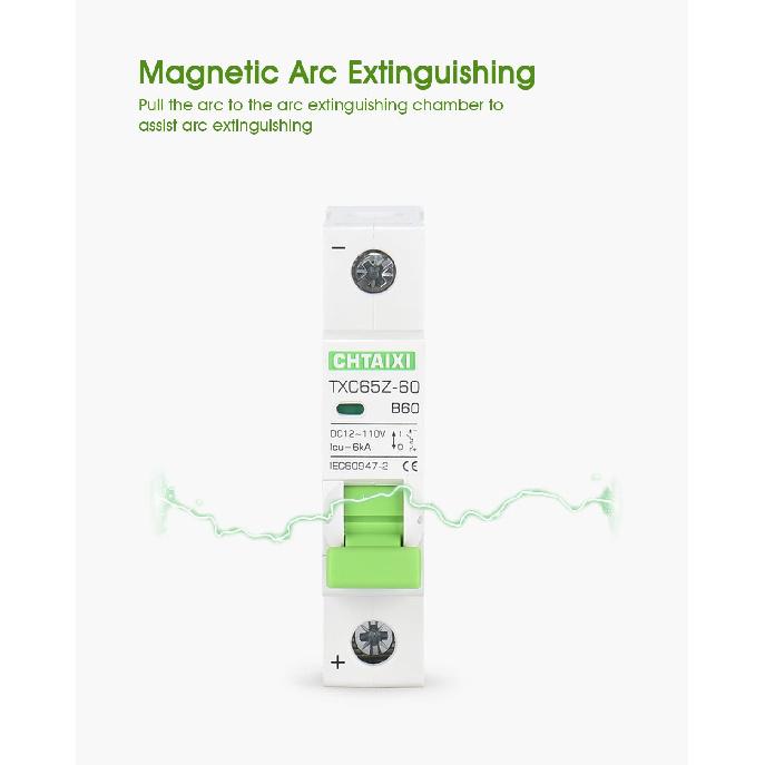 12V-110V DC Miniature Circuit Breaker, 60 Amp 1 Pole Battery Breaker Protector for Solar PV System and RV, Thermal Magnetic Trip, DIN-Rail/Surface