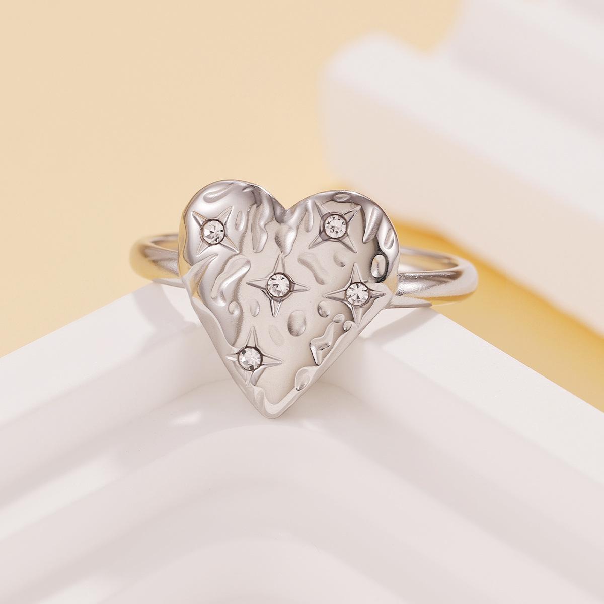 Fresh Fairy Style Irregular Texture Rhinestone Heart Stainless Steel Adjustable Ring for Women