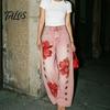 Women Wide Leg Pants High Waisted Jeans, Vintage Floral Print Faux Denim Casual with Pockets Trousers, Loose Fit & Metal Eyelets Street Style Clothing