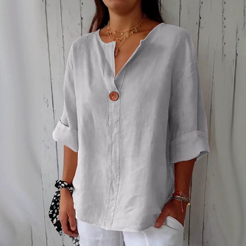 2026 Women's Loose V-Neck Cotton Linen Button Top - Comfortable Casual Summer T-shirt