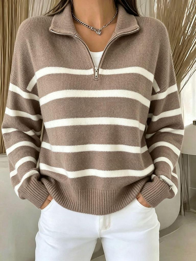 European & American Retro Striped High Neck Knit Pullover Sweater for Women - Autumn/Winter Style