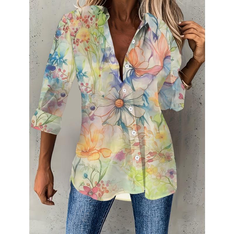 Women's Long Sleeve Printed Blouse Shirt Abstract Floral Print Polyester