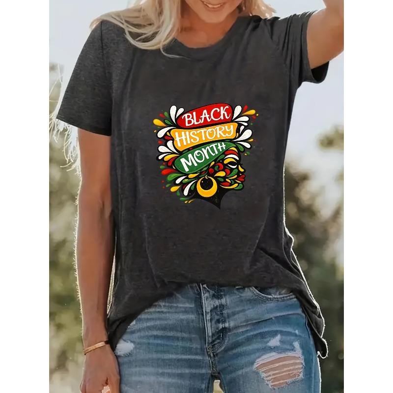 Women s History Month T-shirt - African-inspired Pan-African Colors with African Map and Rasta Symbols Print - Short-sleeved, Crew Neck Casual Top, S темно-серого