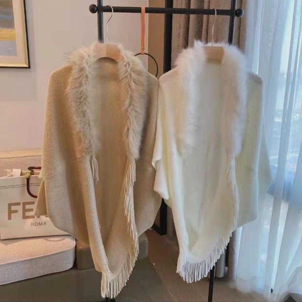 Winter Warm Faux Fur Collar Knitted Tassel Plush Wraps Scarf Womens Knitting Shawl
