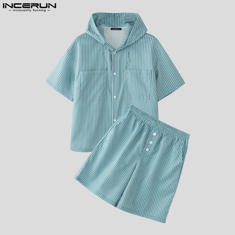 INCERUN Two Piece Sets Men Short Sleeve Striped Hooded Shirts Shorts Outfits