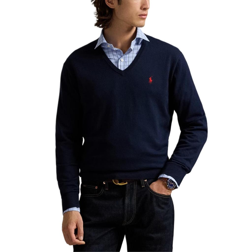 Polo Ralph Lauren Einfarbiger Baumwoll V-Ausschnitt Langarm Strickpullover Regular Fit Herrenpullover Marineblau 710890561001