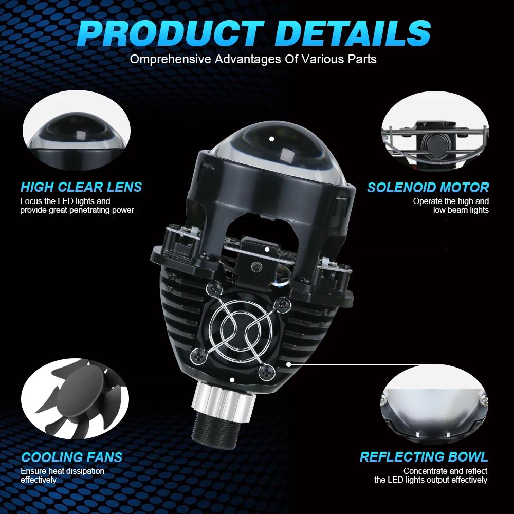 2.5 Inch Bi Led Projector Lens Led Light H4 H7 9005 9006 Car Headlight Bulb High Low Beam 6000K 100W 40000LM Turbo Tuning,2pcs.