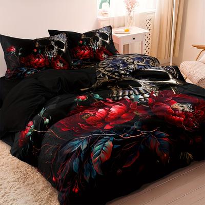 Gothic Skull & Floral 3pcs Duvet Cover Set Soft, Breathable Polyester Bedding for All Seasons - Machine Washable, Hypoallergenic