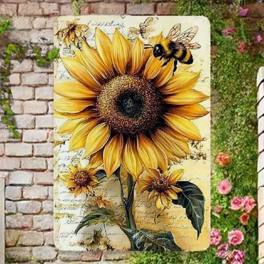 Vintage Sunflower Bee Metal Wall Art Rustic Farmhouse Decor Tin Sign
