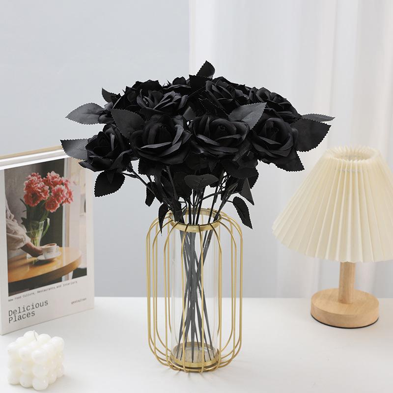 2-5PCS Simulation Black Single Rose Bouquet Dark Gothic Decoration Black Party Easter Halloween
