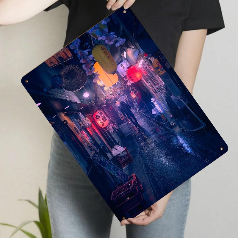 

Vintage Japanese Lantern Street Rainy Night Metal Tin Sign Home Decor Wall Art for Living Room 20x30cm（7.8x11.8inch）