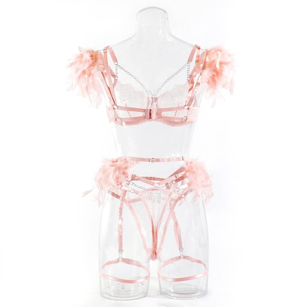 European & American Feather Lace Chain Lingerie Set - Sexy Slim Fit 4-Piece 