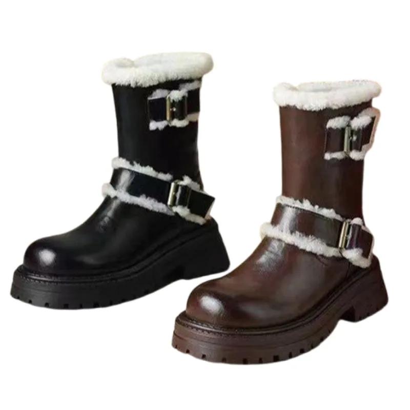 Winter Women Fur Snow Ankle Boots Platform Flats Cotton Shoes Brand Designer 2025 New Warm Short Plush Chelsea Sport Botas Mujer