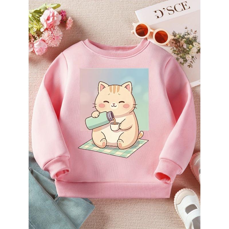 Kids Loose Crewneck Sweatshirt, Cute Cartoon Cat Print Trendy All-Match Long Sleeve Top for Spring Autumn