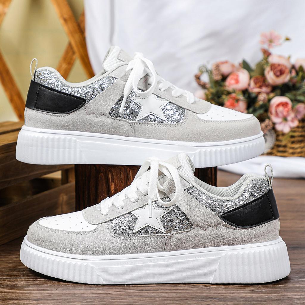 Trendy Women Board Shoes Walking Flats Fashion Sequin Casual Sneakers Daily Versatile Leisure Shoes Breathable Flat Shoes