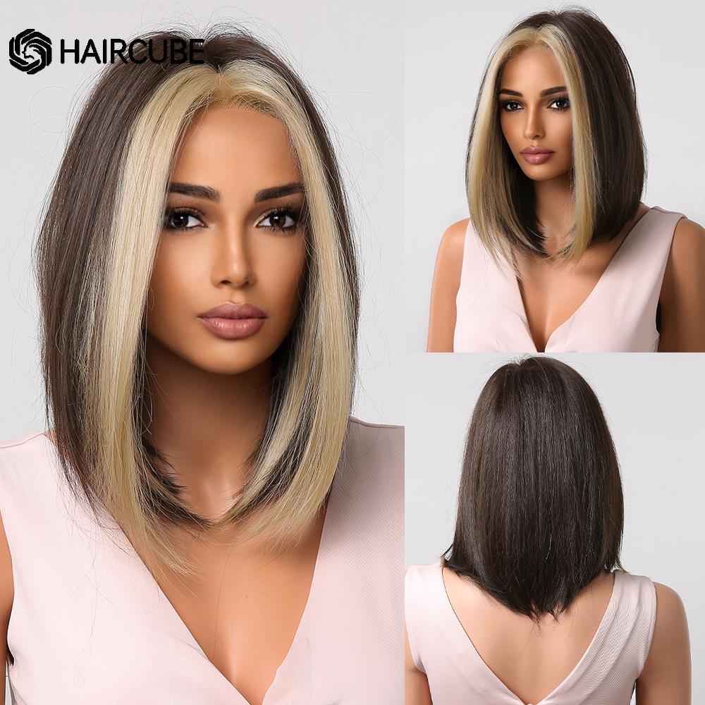 Medium Length Ombre Brown To Blonde Straight Hair Wigs with Bangs Synthetic Wigs for Women Cosplay Heat Resistant Natural Wigs