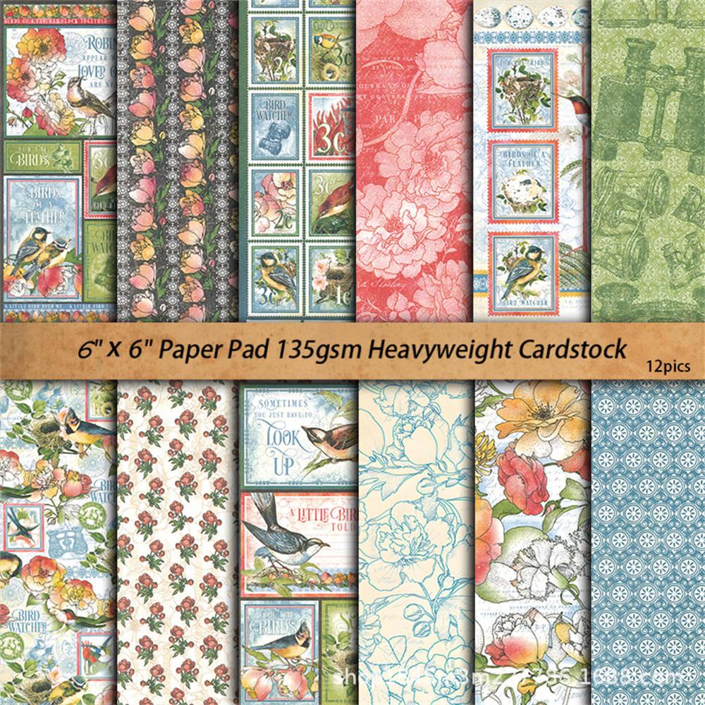 12 Sheets Retro Bird & Flower Background Paper for Journaling and Collage.