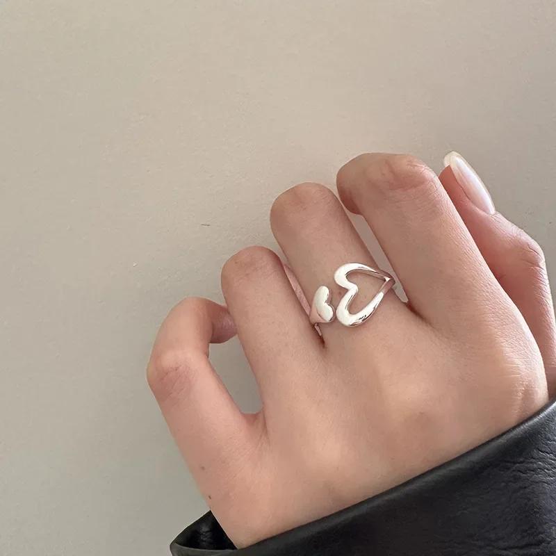 Real 925 Silver Hollow Heart Opening Adjustable Rings for Women Cute Fine Jewelry Minimalist Asymmetric Accessories