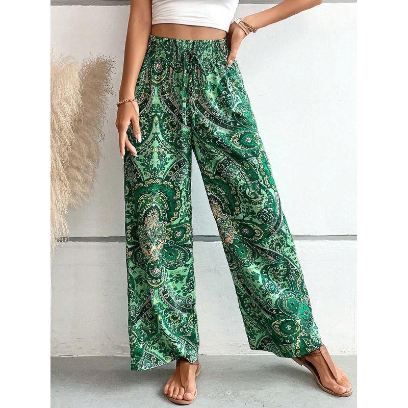 

Fashion Pants Women s Clothing 2024 Summer New Arrival Pants Fashion All-Match Print Elastic Waist Loose Pants Dark green S