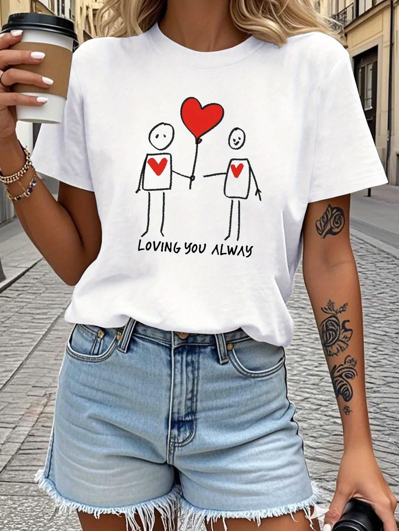 

WomensLoving You Always Graphic Printed TShirt Comfort Fit Short Sleeve Casual Top with Heart Balloon Design Clothing S