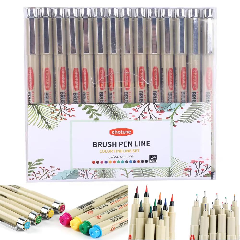 14 Colors Brush Micro Waterproof Fineliner Pen Set Ink Fine Point Pen Sketching Anime Artist Illustrating Drawing Supplies