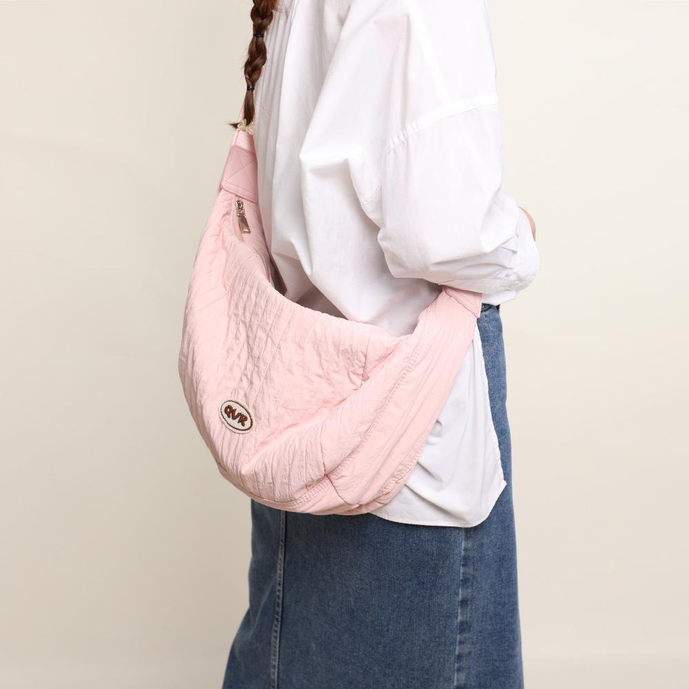 Korean Canvas Bag Women'S Style Casual Pink Bag Shoulder Bag Versatile Large Capacity Pleated Dumpling Bag Messenger Bag