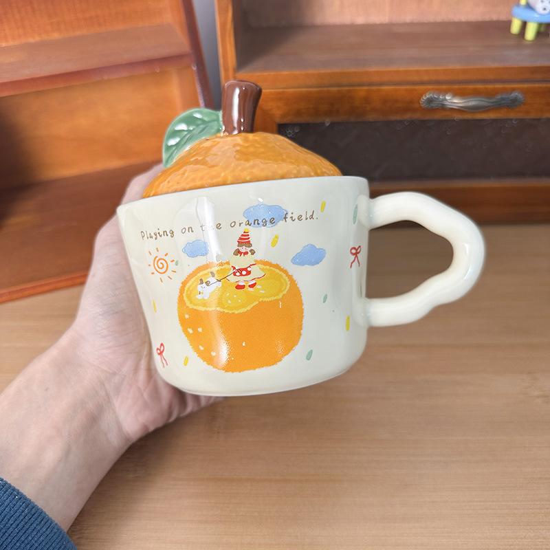 Cute Orange Cat Mug with Lid Creative Good Luck Cup Girls Home Coffee Cup Chinese New Year Gift