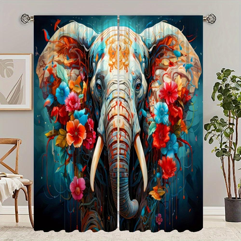 2 Stück Böhmische Vorhänge Fensterdraperien mit Mandala-Blume Elefant Tropische Pflanze Druckmuster Ösenoberteil Vorhang für Schlafzimmer