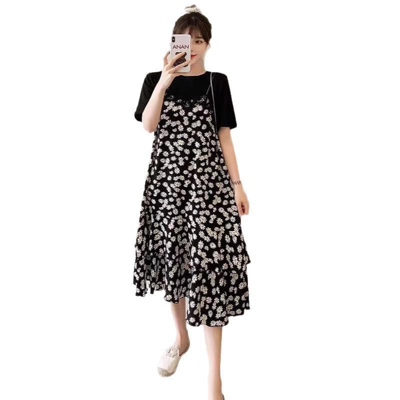 Summer Temperament Belly-covering Splicing Floral Dress Women's Large Size Fat Sister Loose and Thin Fake Two-piece Dress