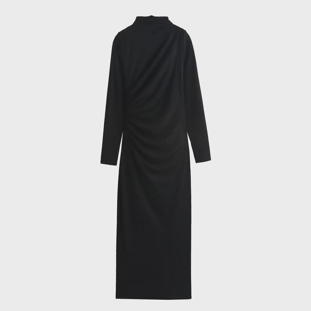 European & American Style Pleated Long Sleeve Slim Dress with Stand-Up Collar for Autumn & Winter - Women's Collection.