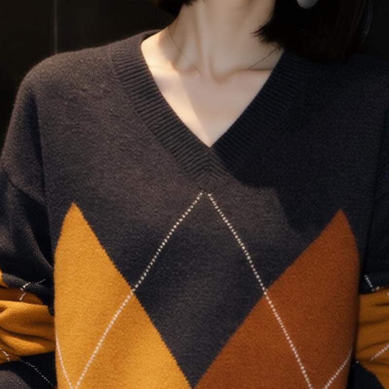ZOSOUL Women's Argyle Wool V-Neck Pullover Sweater