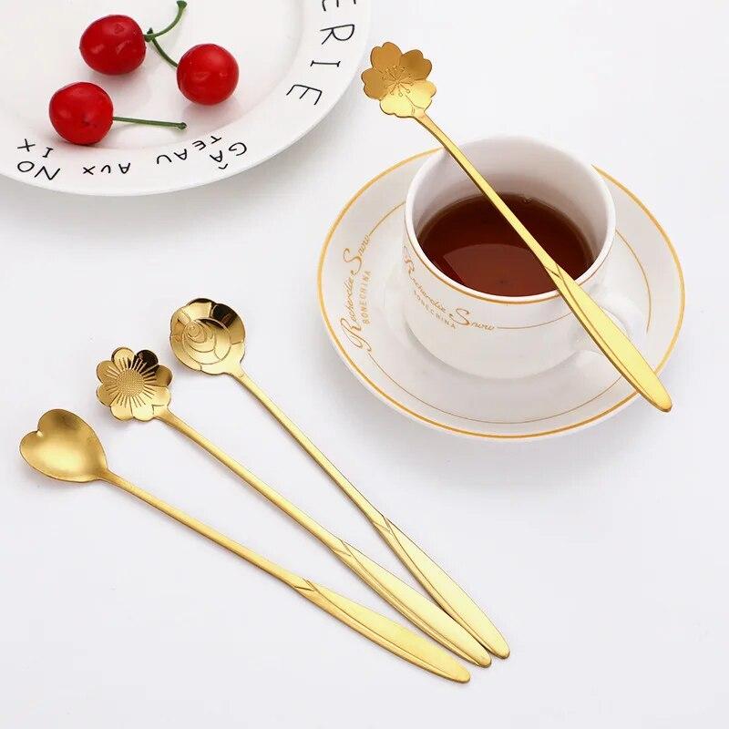 8/12 Stück Edelstahl Kirsch-Rosenblume Gold Schaufel Kaffeelöffel Geschenke Küche Dessert Tee Zubehör Geschirr Dekoration