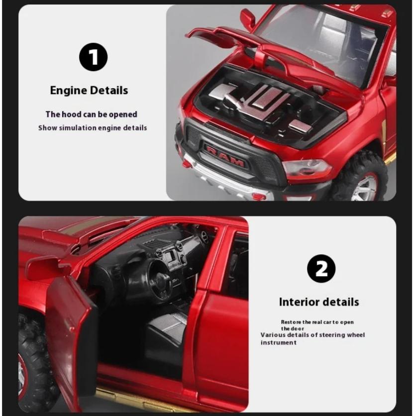1/32 Scale Dodge RAM Pickup Truck Alloy Model with Sound, Light & Spring-Back Action - Kids' Toy for Adventurous Play