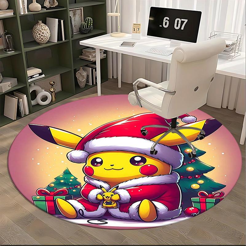 1pc Christmas Pikachu Santa Claus Round Carpet - Anime Design, Holiday Gift, Office Chair Mat, Non-Slip Rug for Home Decor, Living Room