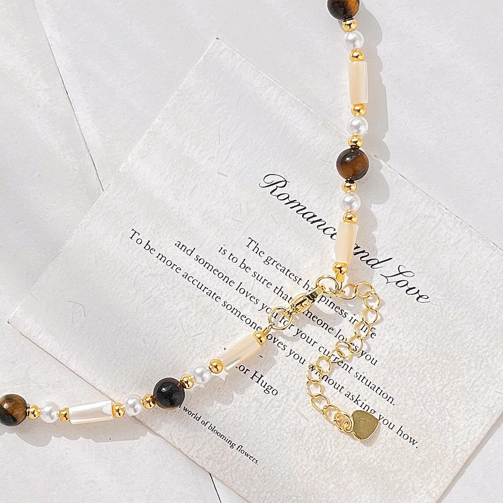 Vintage High Quality Natural Tiger'S Eye Stone Shell Sweater Chain Necklace Collarbone Chain
