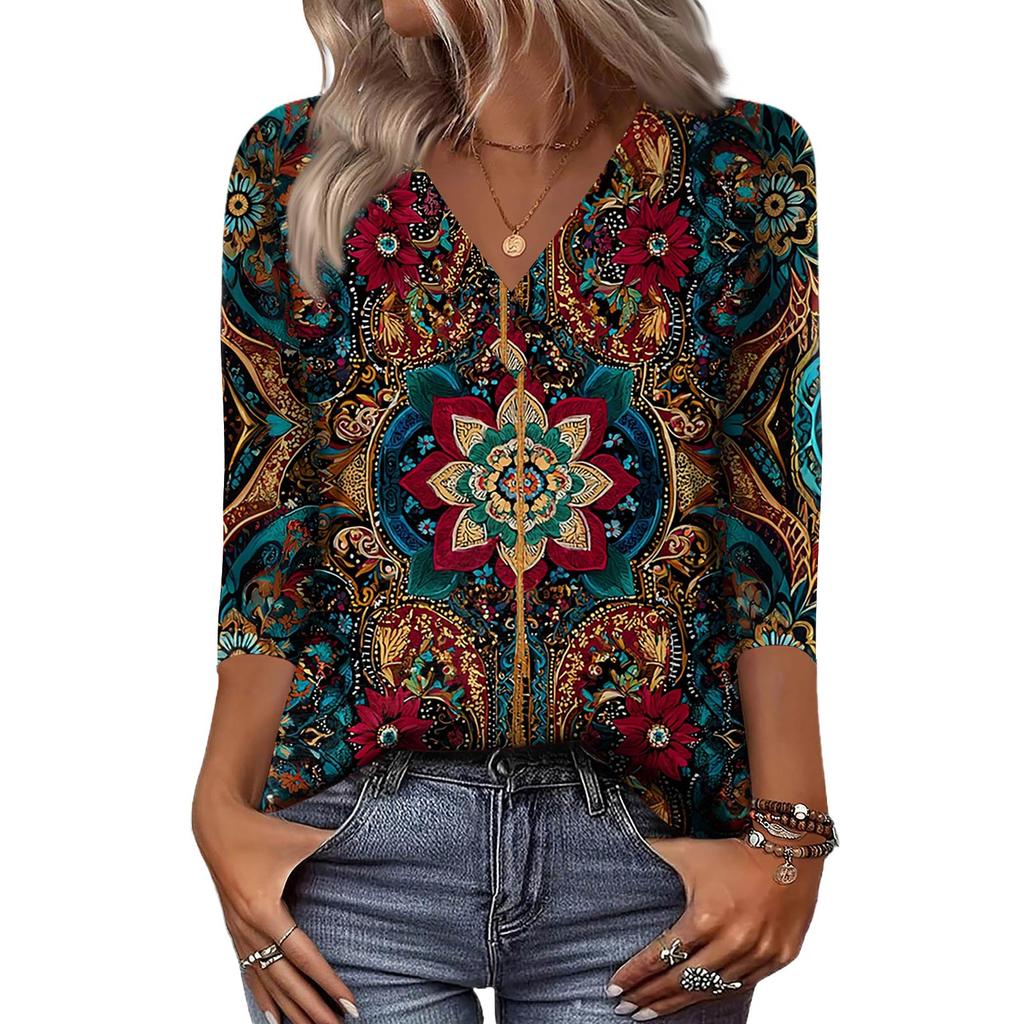 Women's 3/4 Sleeve Shirts V Neck Print Tops Casual Tops Basic Tees Blouse Loose Tops