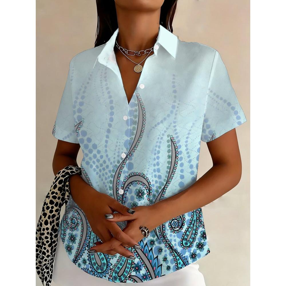 Plus Size - Plus Size - Women S Casual Oversized Printed Button- Shirt with Lapel Collar | Short Sleeve S