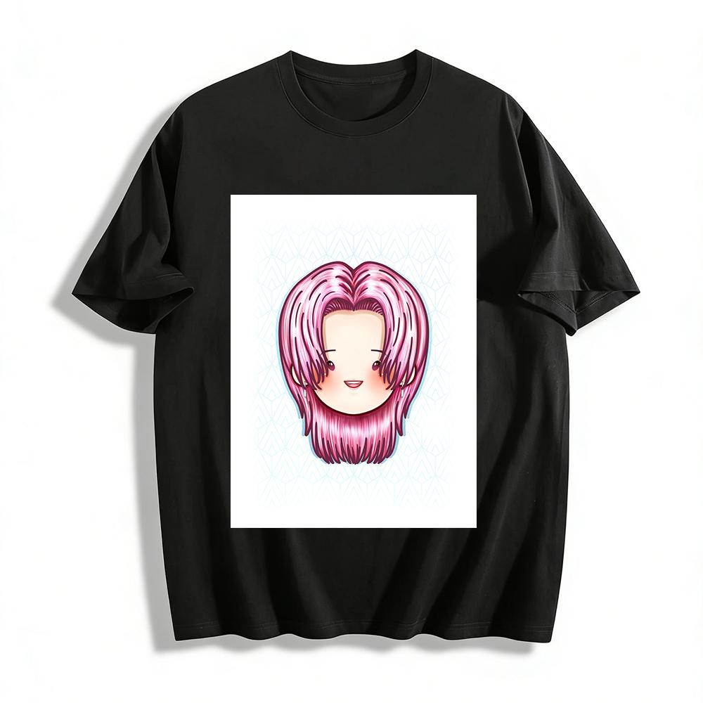 Cute Pink Shoulder-length Hair Cartoon Portrait Print T-shirt Casual Loose Top For Daily Wear Pure cotton T-shirt XXS