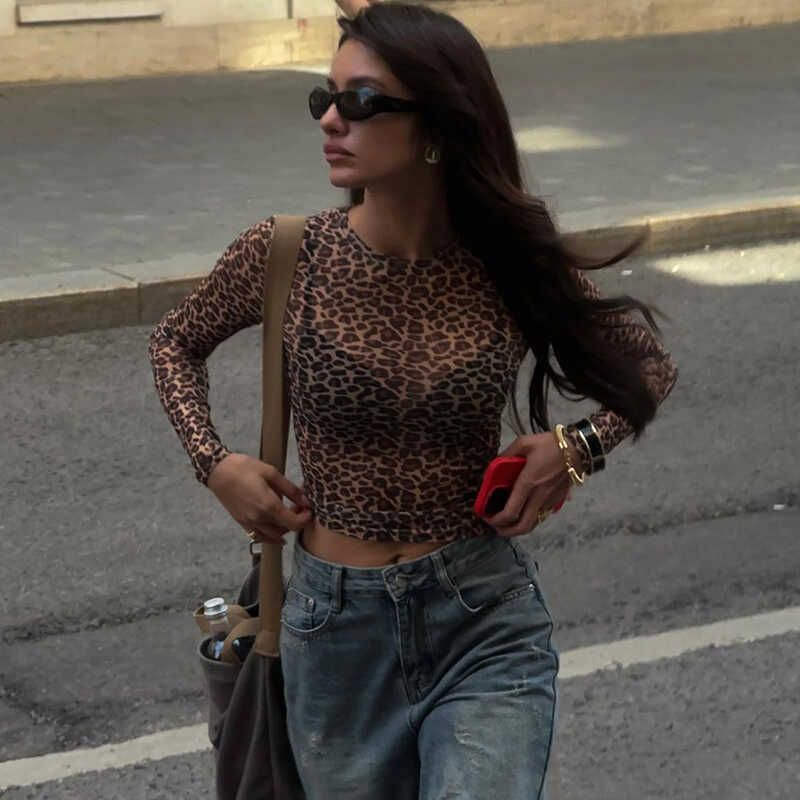 

2024 Summer New Arrival Fashion Leopard Print Printed Mesh Sheer Long Sleeve Tops Sexy Silm Figure Flattering Bottoming T-shirt Leopard print S
